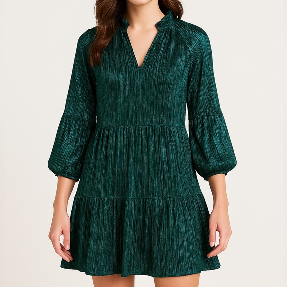 1. State Dresses & Skirts - 1. State Green Metallic/Shimmering 3/4 Sleeve Green Holiday Mini Dress